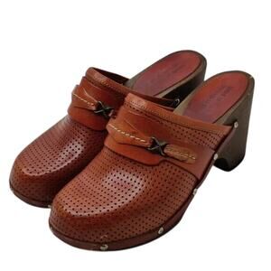 Y2k Brown leather wooden Clog sz 8